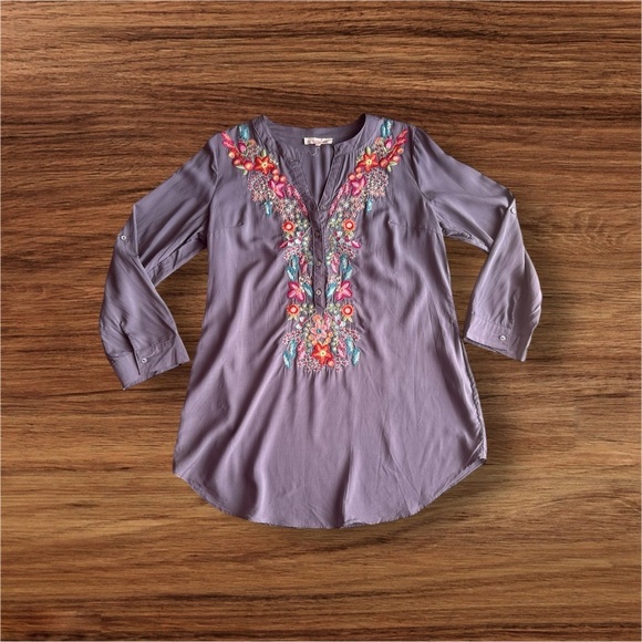 Solitaire Dove Tea Time Garden Tunic top dress gray embroidery colorful size L - Picture 4 of 16